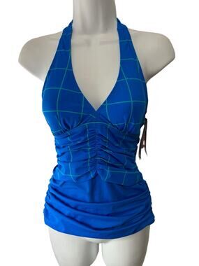 Spanx NWT Ruched Halter Tankini Top Size 6 Electric Blue Geo Bathing Suit Beach
